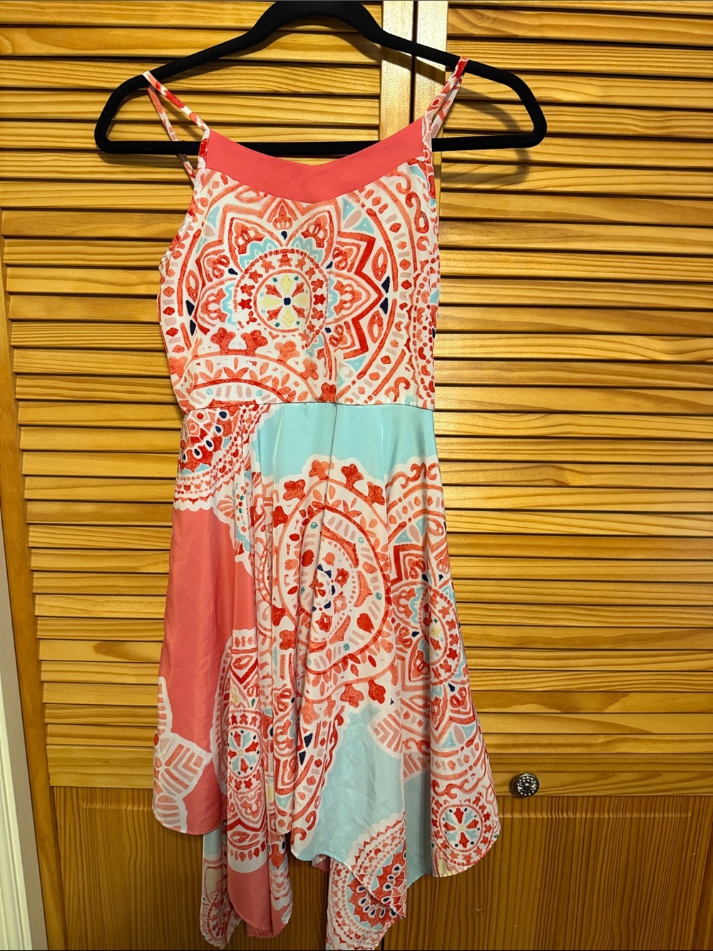 by & by Coral and Aqua Asymmetrical Sundress with Medallion Print